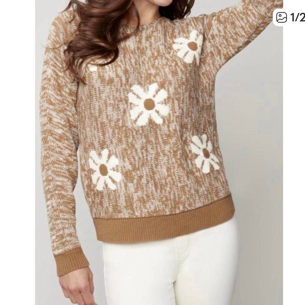 CHARLIE B Chestnut Long Sleeve Flower Design Jacquard Sweater Womens Size XL NEW